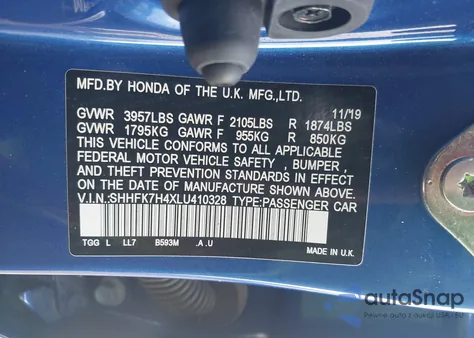 2020 Honda Civic Sport из США, поврежденный, VIN SHHFK7H4XLU410328